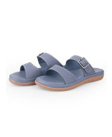 Steel-blue, double strap, cushioned footbed, Ladies slip-ons 30101